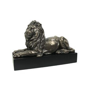 Metallic Bronze Finish Lion Lying on Plinth Tabletop Statue 8.75 Inches Long